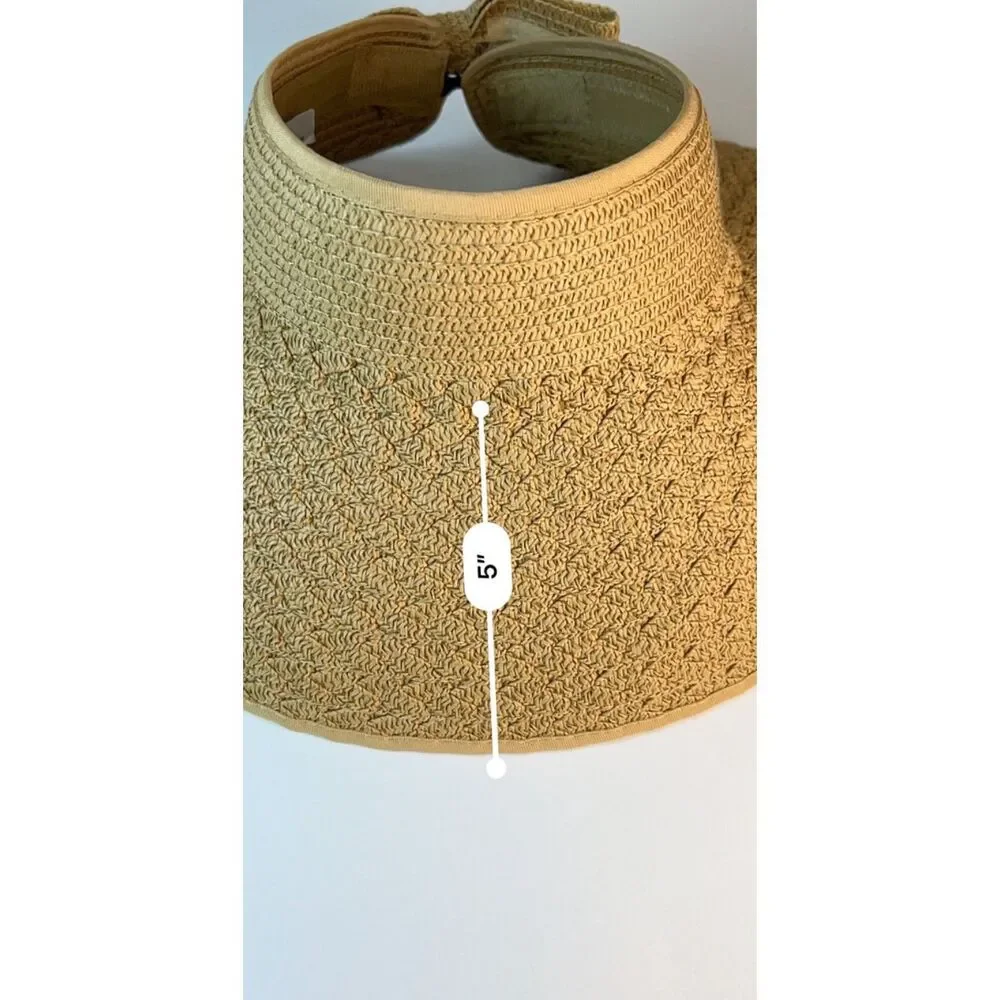 Magid Women's Tan Straw Open Top Wide Brimmed Bow Accent Roll-Up Sun Visor Hat
